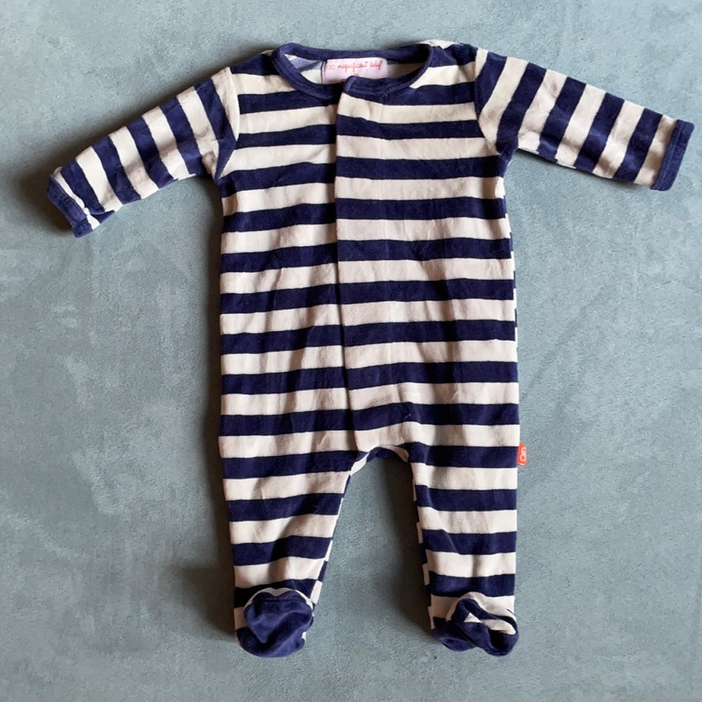 Magnificent Baby Magnetic Me, Navy Striped Velour Onesie Size 3M
